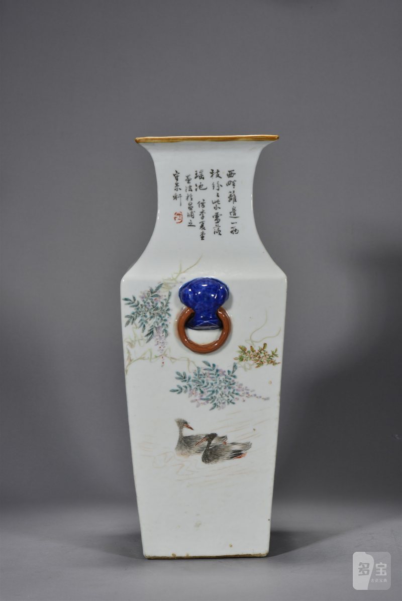 清光绪 程松石浅绛彩山水人物花鸟四方瓶 - 图7